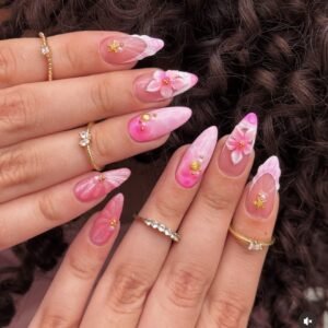 10158 Pink-Gold 3D Floral Sweet-Luxury Nails