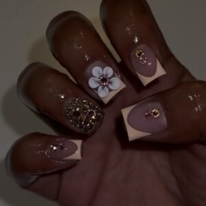 10188 Nude-Purple Floral Glitter Press-on Nails