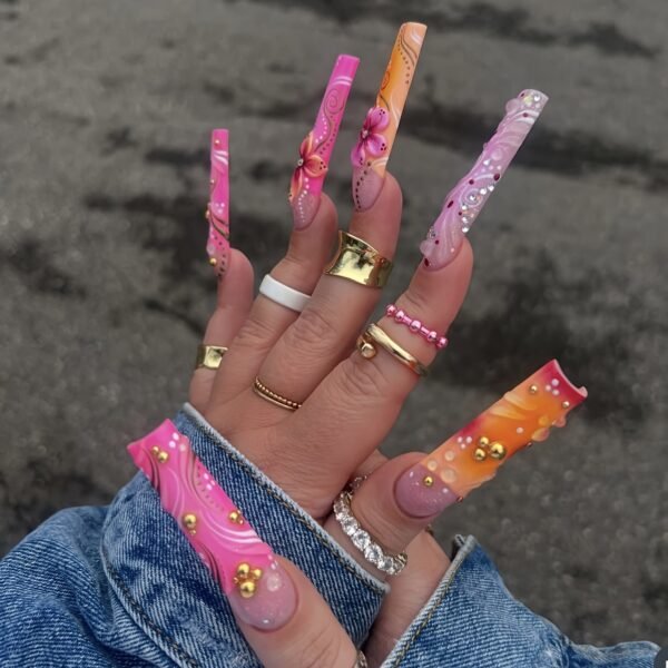 10190 Pink-Orange Bohemian 3D Floral Press-on Nails