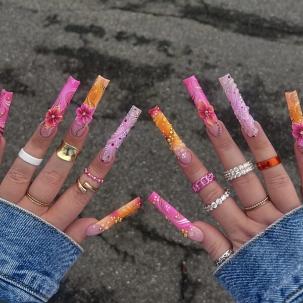 10191 Pink-Orange Bohemian 3D Floral Press-on Nails