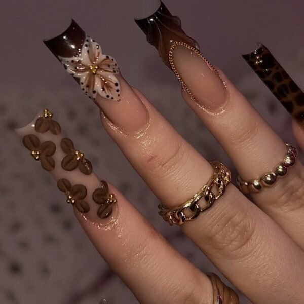 Brown Floral Leopard Retro Sweet Nails