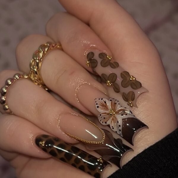 Brown Floral Leopard Retro Sweet Nails